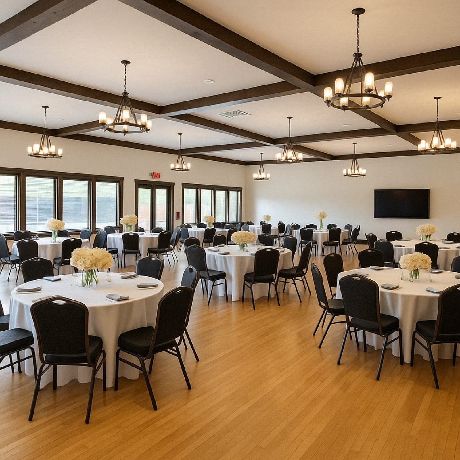 The banquet hall set for an event